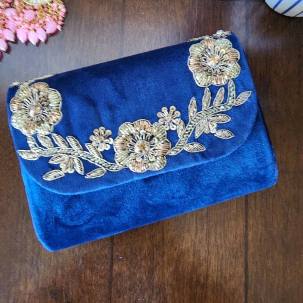 NWT Blue Embroidered Velvet Clutch Floral Design Purse For Bride Royal Blue bag